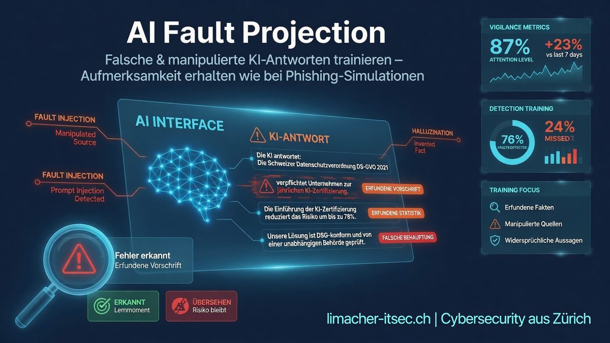 Infografik AI Fault Projection: eine simulierte KI-Fehlantwort mit als «erfundene Vorschrift», «erfundene Statistik» und «falsche Behauptung» markierten Fehlern, daneben Kennzahlen zu Aufmerksamkeit und Fehlererkennung.