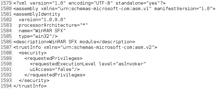 Strings-Dump zeigt Kopf eines WinRAR SFX Moduls