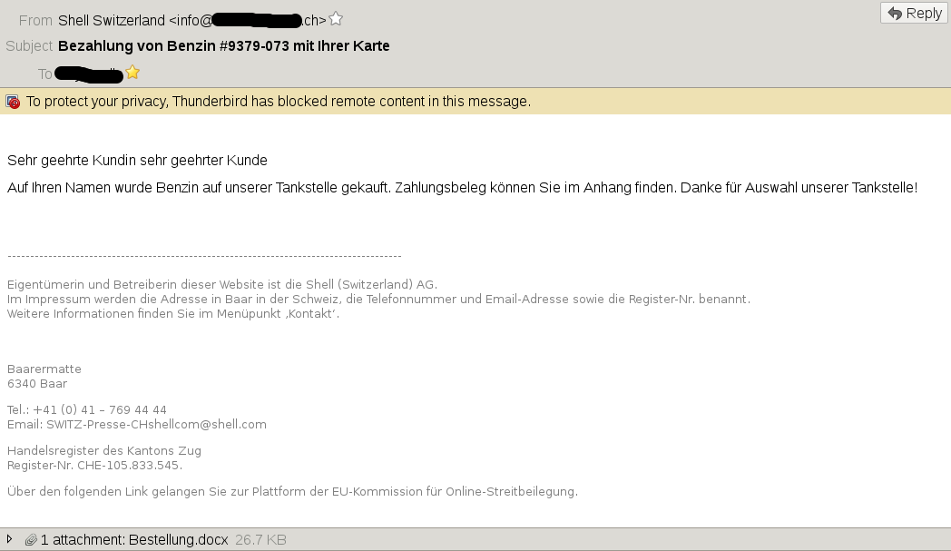 Phishing-Mail mit angeblichem Shell-Absender und Word-Anhang